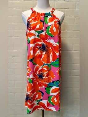 Trina Turk NWT JuJu Pink Orange Tropical Floral Halter Shift Mini Dress Resort M